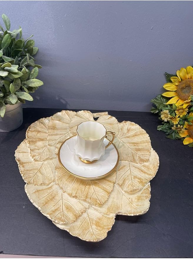 Leaf Serving Tray Decorative Polyester Silver Black Antique Finish, Abstract Home Decor, Tabletop Ornament, One Size - Cream Gold Antique Finish, One Size
