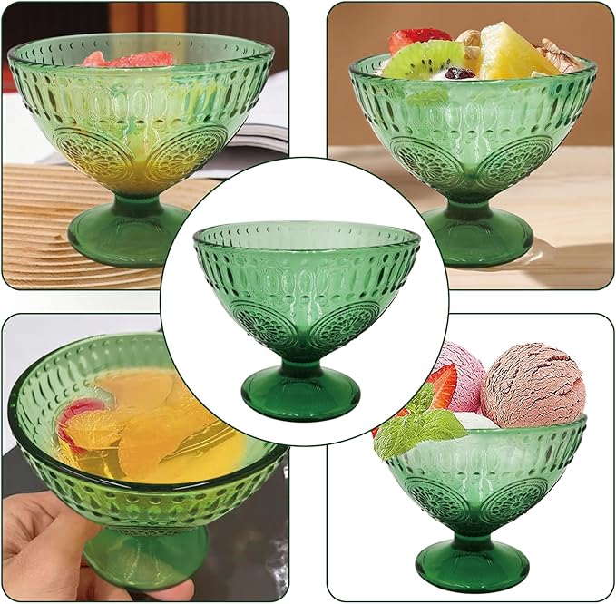 6PCs Set Small Cute Footed Embossed Glass Dessert Bowls for Dessert, Sundae, Ice Cream, Fruit, Salad, Snack, Cocktail, Condiment 7.44oz with 6 Pcs Flower Spoons