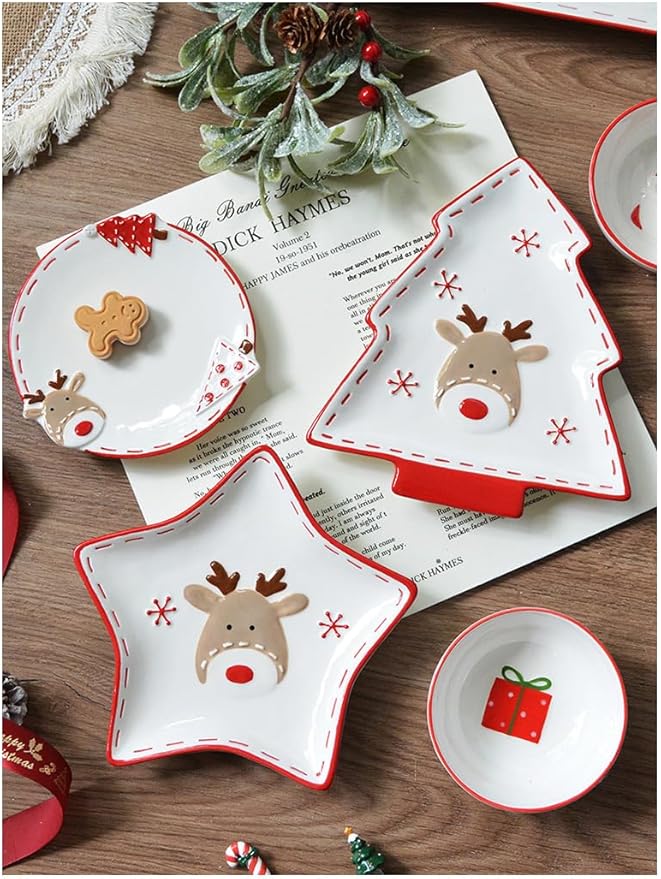 Christmas Ceramic Appetizer Plates for Tapas, Salad, Appetizer, Dishwasher Safe, Microwave Safe, Freezer Safe (Pine plate 22.4 * 19.8 * 2.2cm)