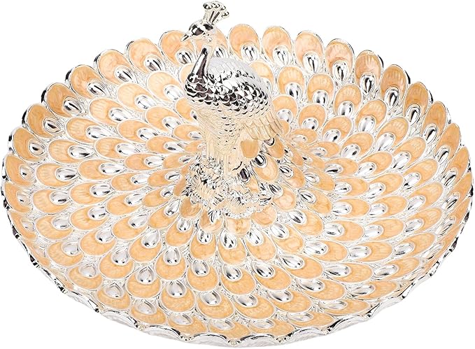 Peacock Shape Fruits Serving Tray, Zinc Alloy Fruits Storage Dish Trinket Decorative Plate with Detachable Peacock, for Vegetables, Snacks, Bread, Candy (Silver Orange)