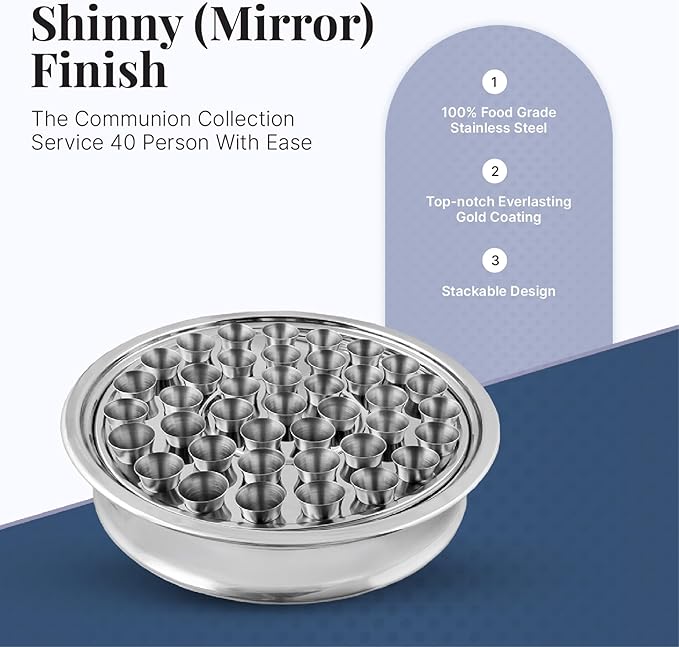 Communion Ware | Stackable Communion Tray with 40 Cups for Churches | Portable Holy Communions Supplies | Ideal for Churches Stainless Steel - Shiny (Silver) Finish