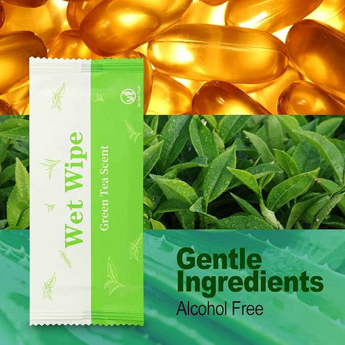 Hand Wipes Travel Size, 300 Pcs Individually Wrapped Wet Wipe Napkins for Wedding, Barbecue, Restaurant, Green Tea Scent