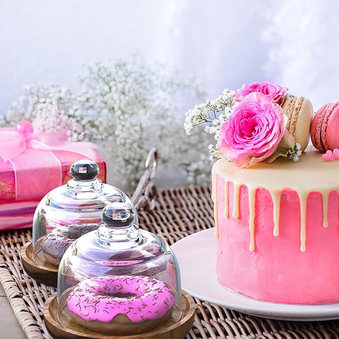 Amosfun Glass Dessert Dome Wooden Base Set - Mini Cake Stand Cake Serving Tray with 3 Inch Glass Dome Cover Birthday Wedding Party Dessert Serving Platter