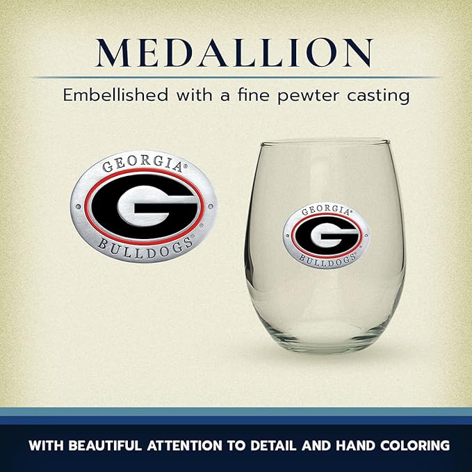 Heritage Pewter Georgia Bulldogs Stemless Glass Goblets – Set of 2 | 15 OZ Goblet Wine Glasses | Expertly Crafted Pewter Glass