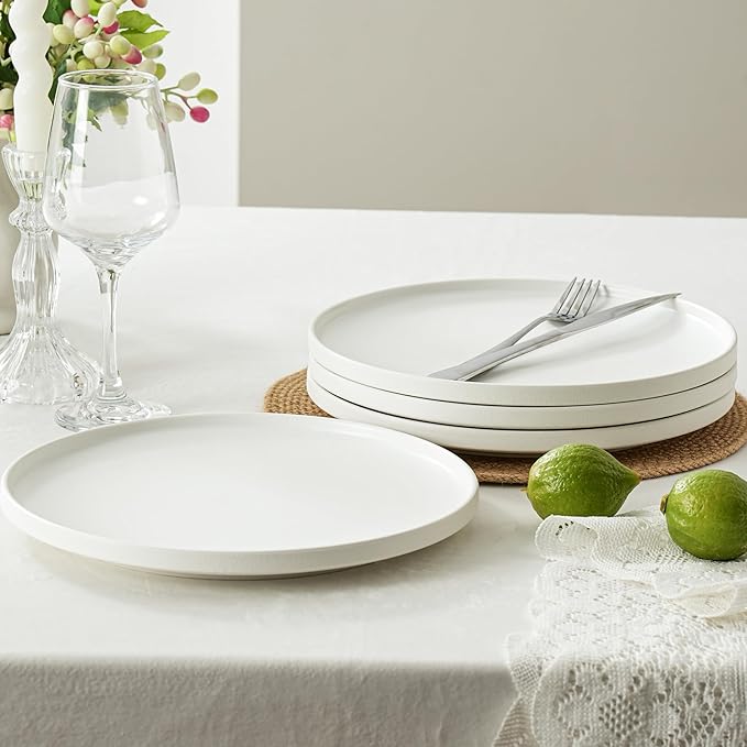 Ceramic Dinner Plates, 10.25 Inch Flat Dish Set for 4, Perfect for Family and Entertaining, Microwave & Dishwasher Safe, Dinner Dishes for Steak, Sandwiches, Pizza, Pasta, Modern White