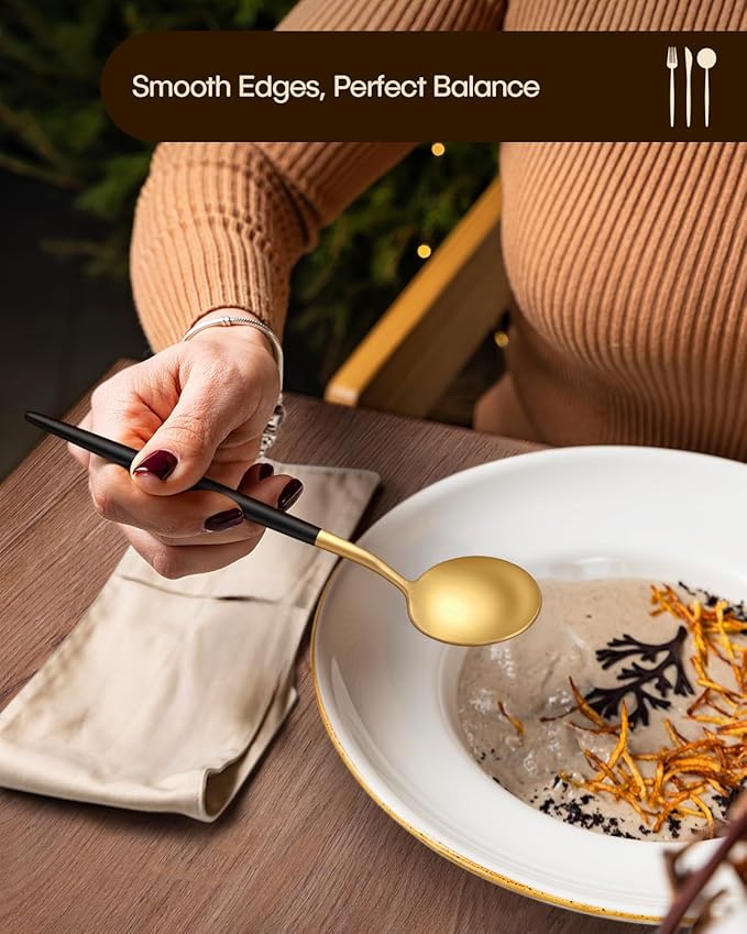 Stapava 40-Piece Matte Black Gold Silverware Set, Stainless Steel Gold Utensils Cutlery Set for 8, Satin Finish Flatware Include Forks Spoons and Knives Set for Home and Restaurant, Dishwasher Safe