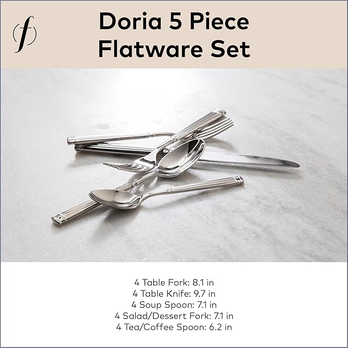 FORTESSA Doria 18/10 Stainless Steel Flatware, 5 Piece Place Setting With Table Knife, Forks and Spoons (Service For 1), Dishwasher Safe, Polished
