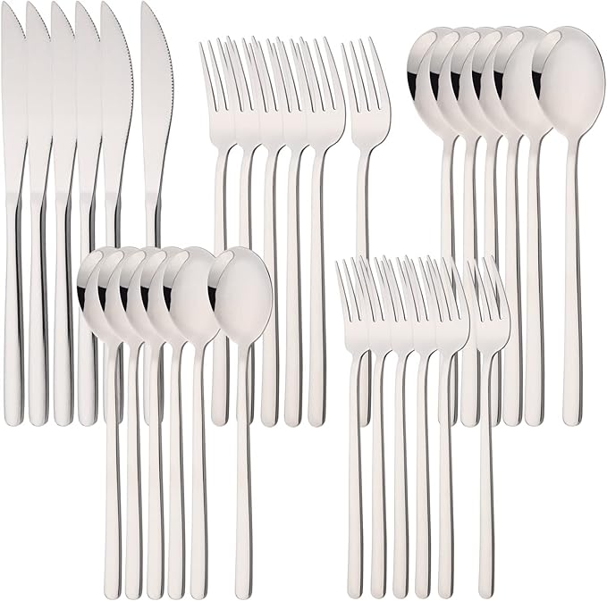 30 Pieces Silverware Set, Silver-Flatware Cutlery Set Service for 6, 18/8 Stainless Steel Tableware Eating Utensils for Home/Hotel/Restaurant, Mirror Polished, Dishwasher Safe
