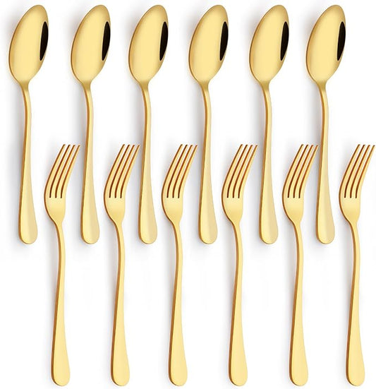 12 Pieces Spoons and Forks Set,Food Grade Stainless Steel Flatware Cutlery Set,6 Forks(6.8 inch)and 6 Spoons(6.6inch)Silverware Set for Home,Kitchen,Restaurant-Mirror Polished & Dishwasher Safe(Gold)