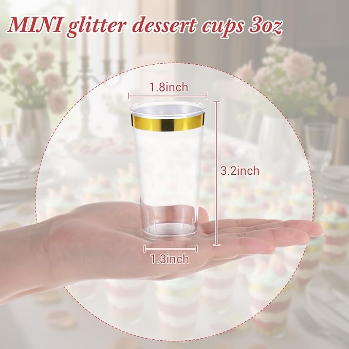 200 Pcs Christmas Dessert Cups with Spoons Small Plastic Goblets Disposable Parfait Pudding, Mousse, Appetizer Cups Set for Fall Thanksgiving Wedding Party(Gold Rim,3 oz,Round)