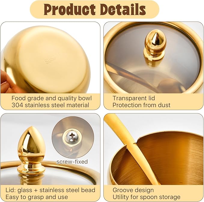 Set of 3 Stainless Steel Sugar Container with Glass Lid and Spoon, Gold 10oz Seasoning Jar Condiment Pots with Serving Tray, Kitchen Canisters Set for Pepper, Salt, Spice, Candy