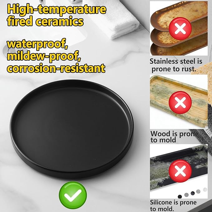 8.8" Black Ceramic Round Tray - Candle Plate Holder Tray, Decorative Vanity Trays for Bathroom Counter, Ceramic Tealight Pillar Trays, Coffee Table Decor, Perfume, Plant.
