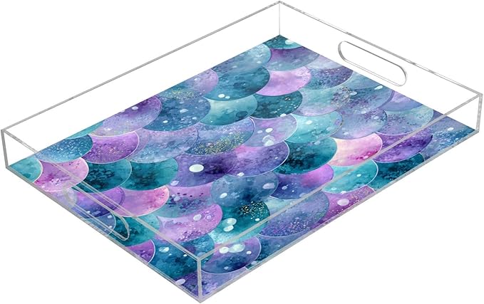 Serving Tray with Handles Clear Acrylic Tray 12x16 Inch Decorative Rectangular Tray Organizer for Ottoman Coffee Table Bathroom Watercolor Mermaid Scales Dots Purple