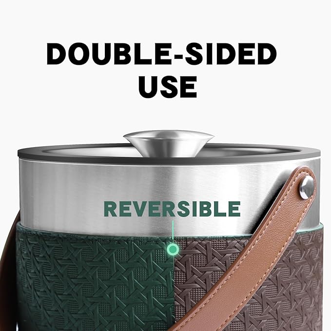 Insulated Ice Bucket with Lid, Scoop, Ice Tongs & Detachable Double-Sided PU Cover– 3L Double-Wall Stainless Steel Ice Buckets for Parties, Cocktail Ba, Champagne & Bar Cart Accessories