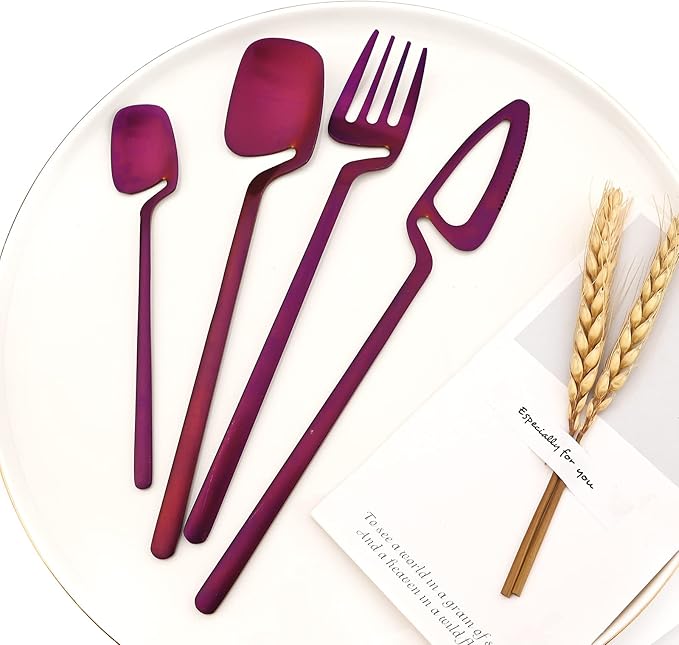 8-Pieces Snplowum Dinnerware Cute Hangable Matte Flatware Set, 304 Stainless Steel Cutlery Set, Suitable For Restaurant Family Kitchen Wedding Holiday Gifts, Dishwasher Safe (Purple)