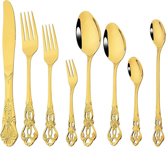 Elegant 32-Piece (4 Set) Retro Flatware Set, Stainless Steel Cutlery Set - Complete Eating Tableware Serving Set, Dishwasher Safe, Shiny Mirror Polish (Gold)