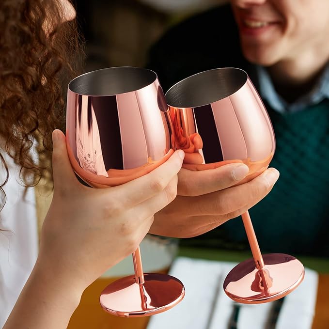 Lifecapido Stainless Steel Stem Wine Glasses Set of 6, 18oz Copper Wine Glasses, Stainless Steel Wine Goblets with Cup Brush for Party Office Wedding Anniversary, Great for Red White Wine(Rose Gold)
