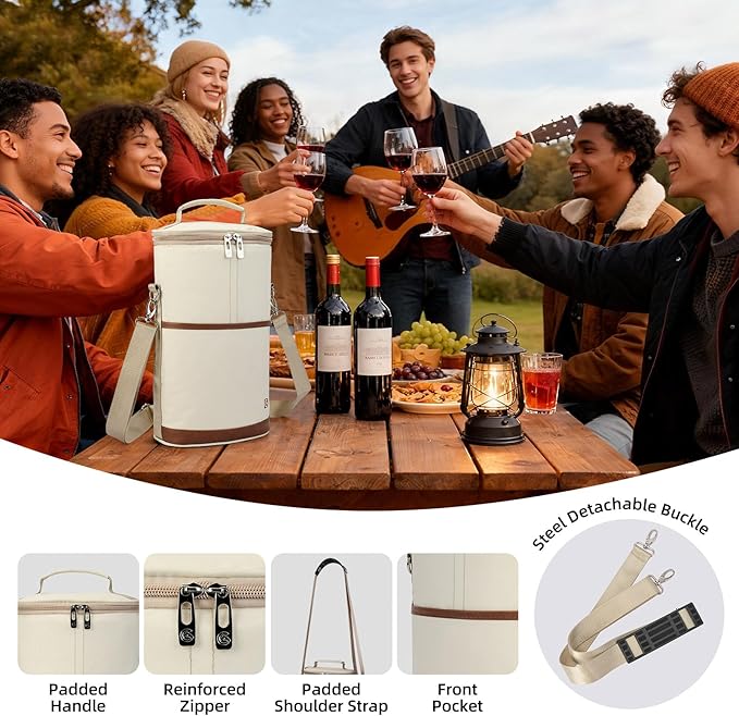 ALLCAMP 2 Bottle Wine Tote Carrier - Insulated Portable Padded Canvas Wine Bag for Travel, BYOB Restaurant, Wine Tasting, Party, Great Christmas Day Gift for Wine Lover，Cream-colored