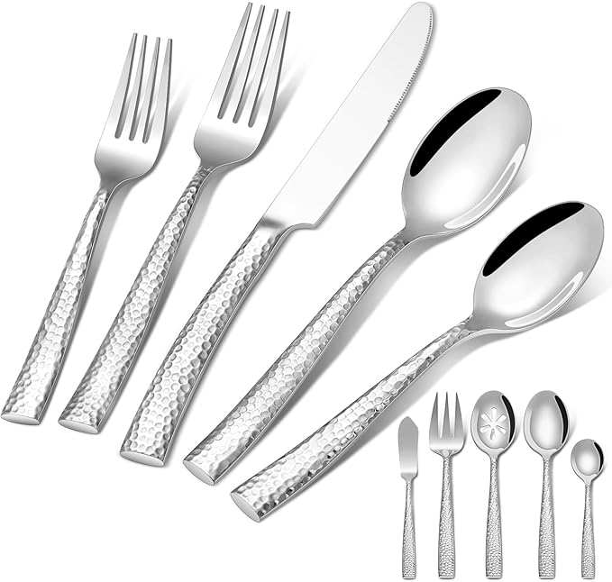 110-Piece Silverware Set with Serving Utensils, Ollex Durable Stainless Steel Hammered Flatware Set for 22 with Knives Forks Spoons Large Serving utensil Set for Home Restaurant, Dishwasher Safe