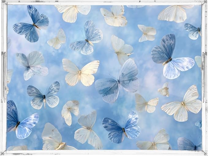 Serving Tray with Handles Clear Acrylic Tray 12x16 Inch Decorative Rectangular Tray Organizer for Ottoman Coffee Table Bathroom Sky Blue and White Butterflies