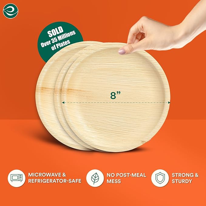 ECO SOUL Palm Leaf Plates 8"(50 Count) Round Compostable Bamboo Plates Heavy- Duty, Biodegradable Eco-Friendly Dinnerware for Christmas Party Dinner, Wedding, Holiday & Event