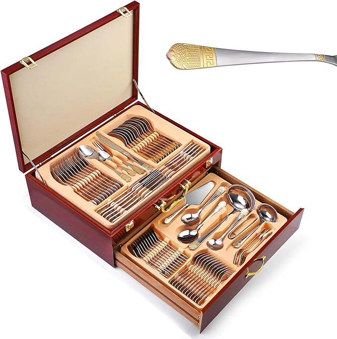 72/84 PCS Luxury Flatware Set, in a Flatware Organizer for Drawer, Silverware Flatware Serving Set for 12 with Gold Accents for Formal Events, Parties(A,84pcs)