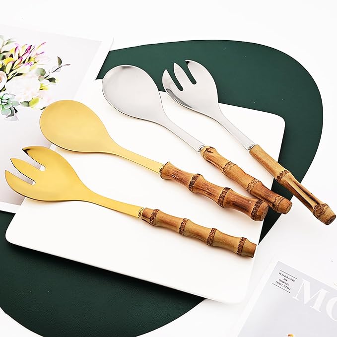 4PCS Serving Spoon, 18/10 Stianless Steel Silver Resuable Serving Utensils With Bamboo Handle, Buffet Banquet Dinner Spoons, 10-inch