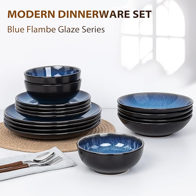 Plates and Bowls Sets for 6 - CJDC-QUELO 24-Piece Stoneware Dinnerware Sets, Ceramic Dishware Set for Indoor Kitchen Use and Formal Dining, Chip and Scratch Resistant Microwave Dishwasher Safe, Blue