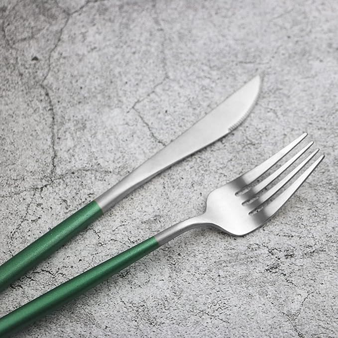 JASHII 6pcs Green&Silver Dinner Forks Set, Satin Finished Main Fork Set, 304 Stainless Steel Table Forks, Round Handle Modern Design, Dishwasher Safe - 7.6-inch