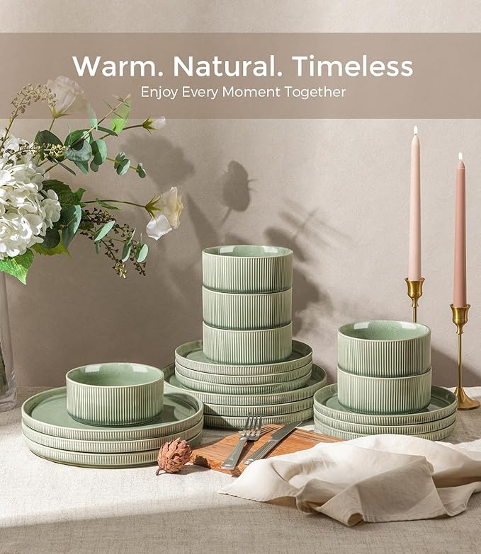 GBHOME 12-Piece Stoneware Dinnerware Set for 4 – Ribbed Ceramic Plates and Bowls, Scratch-Resistant, Microwave & Dishwasher Safe, Reactive Glaze, Light Green