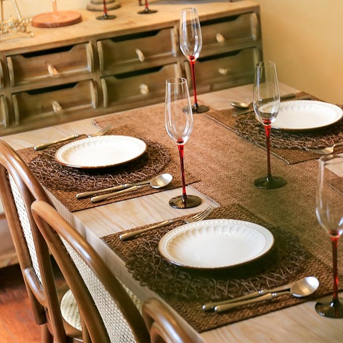 AHHFSMEI Paper Braided Round Placemats Set of 12 Natural Non-Slip Heat Resistant Table Mats for Dining Tables Woven Indoor & Outdoor Place mats(Coffee,12)