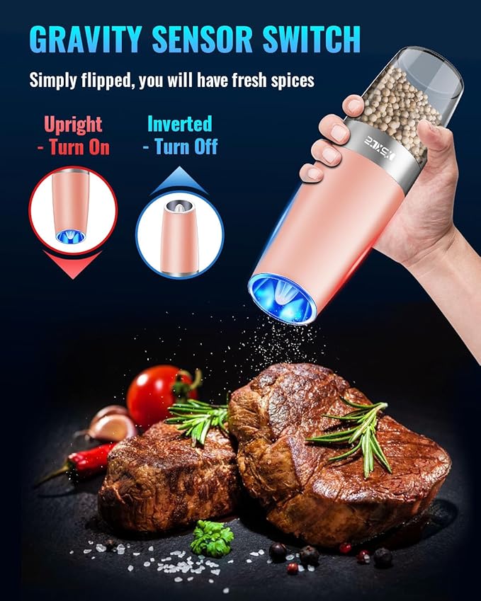 XinXu Gravity Electric Pepper and Salt Grinder Set, Adjustable Coarseness, with LED Light, One Hand Automatic Operation (Set/Coral X)