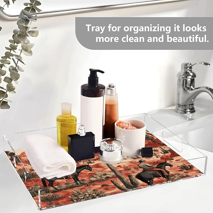 Serving Tray with Handles Clear Acrylic Tray 12x16 Inch Decorative Rectangular Tray Organizer for Ottoman Coffee Table Bathroom Cowboys Horses Cactus Desert