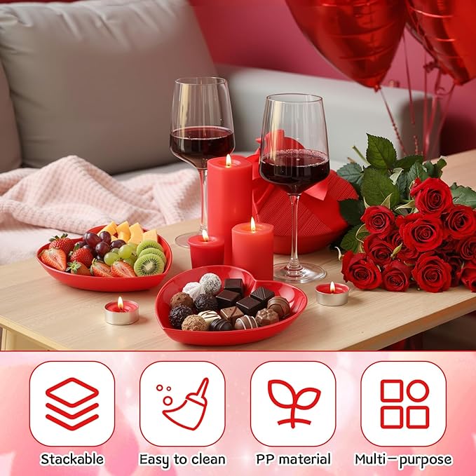 10-Pack 9.8 Inch Valentine's Day Candy Dish Heart Shaped Candy Bowl Plastic Dessert Plates Heart Shaped Dinner Bowl Party Serving Dishes for Salad, Cake, Snack, Waffles, Fruit, Appetizer(Red)