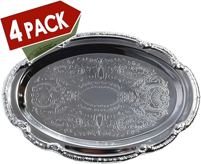 (Pack of 4) 9.4-Inch x 6.4-Inch Oval Shape Chrome Plated Serving Tray Plate Food Art Deco Floral Pattern Engraved Multi-Purpose Party Buffet Wedding Birthday (Small) T125S-4PK