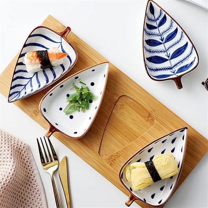 Sauce Dish Japanese Style Leaf Shape Ceramic Sauce Dishes 3.35 Inch Condiments Dish Dipping Plates Soy Sauce Vinegar Appetizer Dishes or Seasoning（with Tray） Dipping Bowls (A)