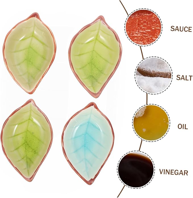 4Pcs Leaf Shape Ceramic Appetizer Plates Random Pattern Snack Dipping Bowls Versatile Serving Dishes for Fruits Nuts and Condiments for Restaurants and Home Use