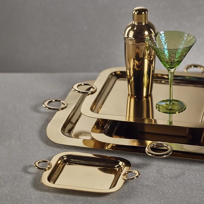 Zodax Stainless Steel and Brass Bar or Serving Trays in Polished Gold and Silver | Bacardi Polished Gold - Large
