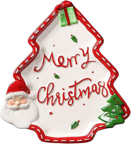 12.5 Inches Big Snacks Appetizer Trays Set, Christmas Tree Dessert Serving Dishes, Snack Platter, Food Cereal Salad Bowl, Santa Claus High Relief Bowl Ceramic Plate