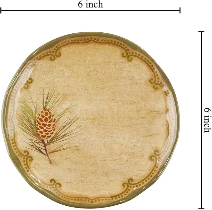 UP UPware Woodland Pinecone Melamine Round Dessert Plates, Small Serving Plates, for Appetizer, Snacks, and Side Dishes, Beige and Green, 6 Inch, Set of 4