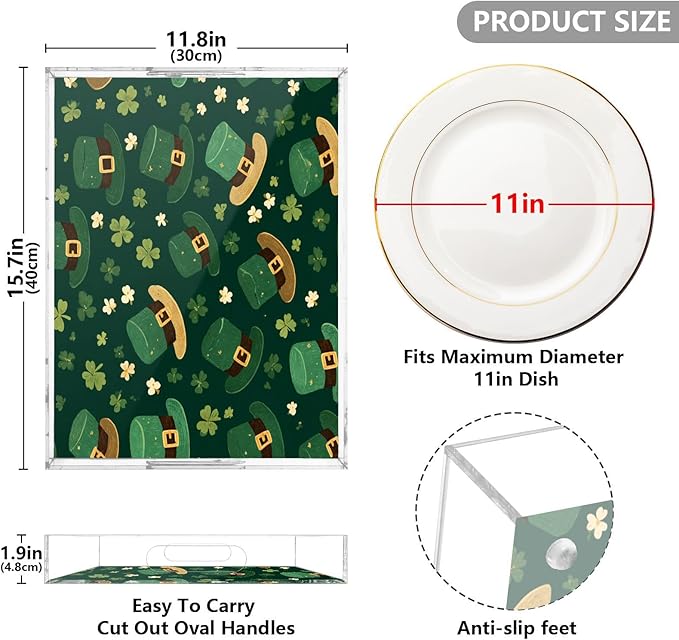 Serving Tray with Handles Clear Acrylic Tray 12x16 Inch Decorative Rectangular Tray Organizer for Ottoman Coffee Table Bathroom Dark Green Shamrocks and Hats