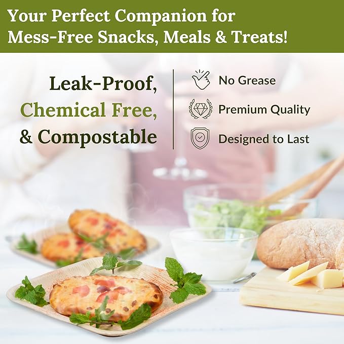 8 inch Square Palm Leaf Plates 50 pcs Compostable and Biodegradable Disposable Plates, Microwave Safe, Heavy-Duty Sustainable Appetizer and Dessert Plates for Parties, Picnics and Weddings