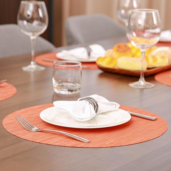 Round Placemats Set of 6 Heat Resistant Vinyl Placemats 15 inch Washable Non-Slip Table Mats Woven Place Mats for Dining Table (Orange, Set of 6)