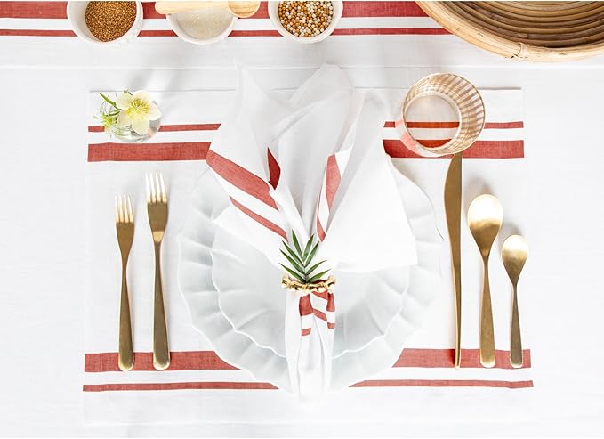 Solino Home Linen Placemats Set of 4 - French Stripe Red and White Placemats 14 x 19 Inch - 100% Pure Linen Table Mats for Christmas, Holiday, Winter, New Year