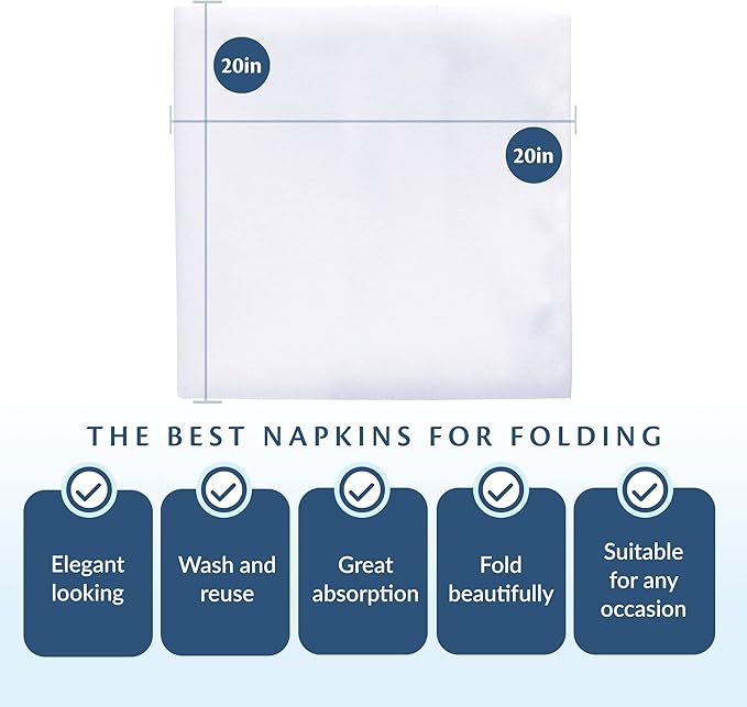 Elegant Restaurant Quality 100% Cotton Dinner Table Cloth Napkins with Clean- Lined Hemmed Edges, Bulk Set, Square 20" x 20'' for Weddings, Hotels, Restaurants, and Classy Home Dinners (180)