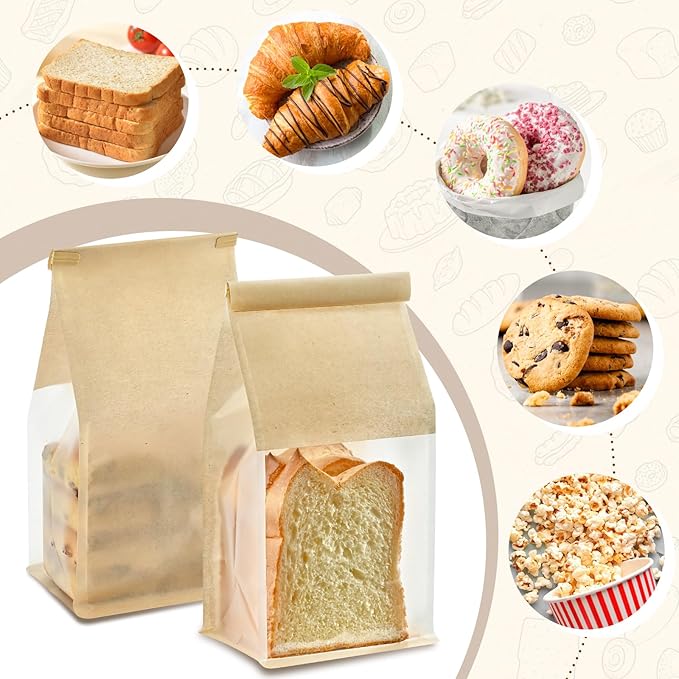 100 PCS Bread Bags for Homemade Breads, 11 x 5.1 x 3.9 Inches Brown Kraft Paper Bakery Bags with Tin Tie Tab Lock Sourdough Bread Bags with Window Baked Foods Packaging
