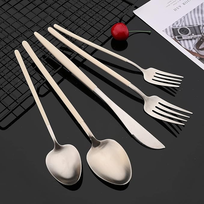 JASHII Slim Handle Silverware Set 20 Pieces, 304 Stainless Steel Colorful Flatware Set, Titanium Plating Cutlery Set, Utensil Sets for Home Dinner Service for 4, Dishwasher Safe - Beige&Silver