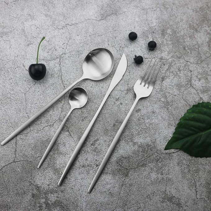 JASHII Silverware 24-piece Silver Cutlery Set Stainless Steel Kitchen Metal Utensils Group Serves 6, Matte Finish Tableware Set for Party, Christmas, Dinner (Matte Silver)