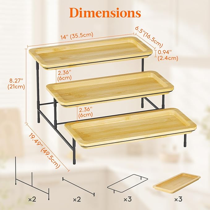 Lifewit 3 Tier Bamboo Serving Tray for Party Supplies, 14" x 6.5" Platters for Serving Food, Reusable Trays with Black Metal Display Stand for Veggie, Fruit, Cookies, Dessert