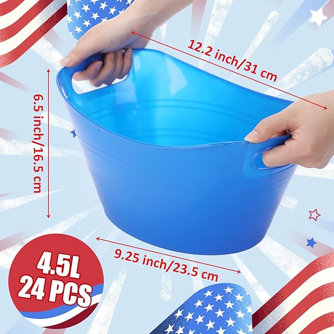 Norme 24 Pcs Oval Storage Tub with Handles 4.5L Plastic Ice Bucket, Wine, Beer, Champagne Drink Cooler for Parties, Beverage Storage Basket(Blue & Red)